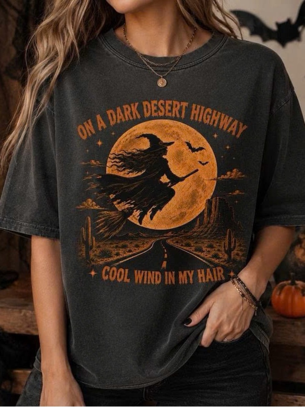 Witch Moon Graphic Tee - Black with Orange Print